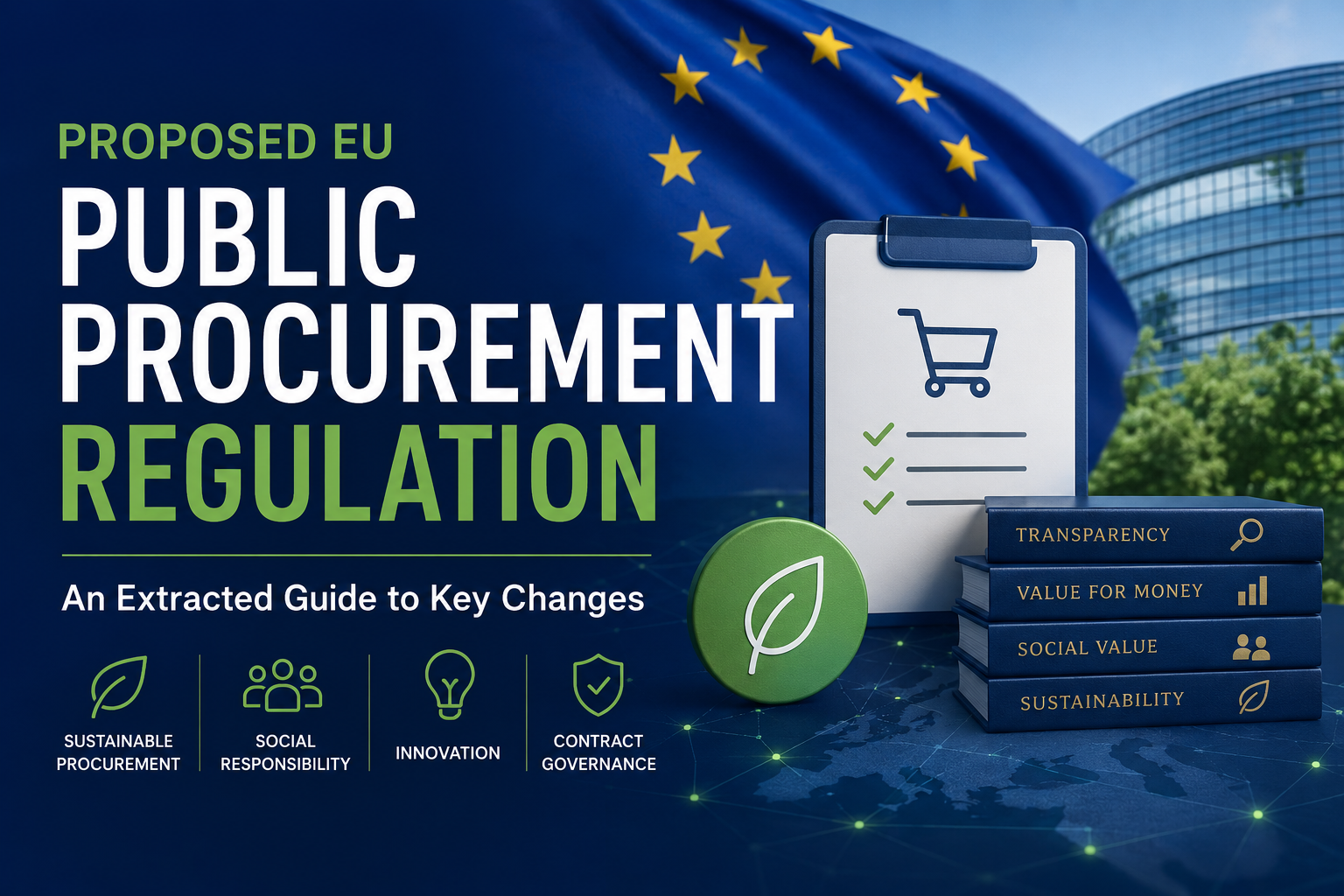 SPP Intelligence - Proposed EU Public Procurement Regulation title card with an open regulation document framed by the twelve stars of the EU flag and small icons for green, social and innovation procurement.